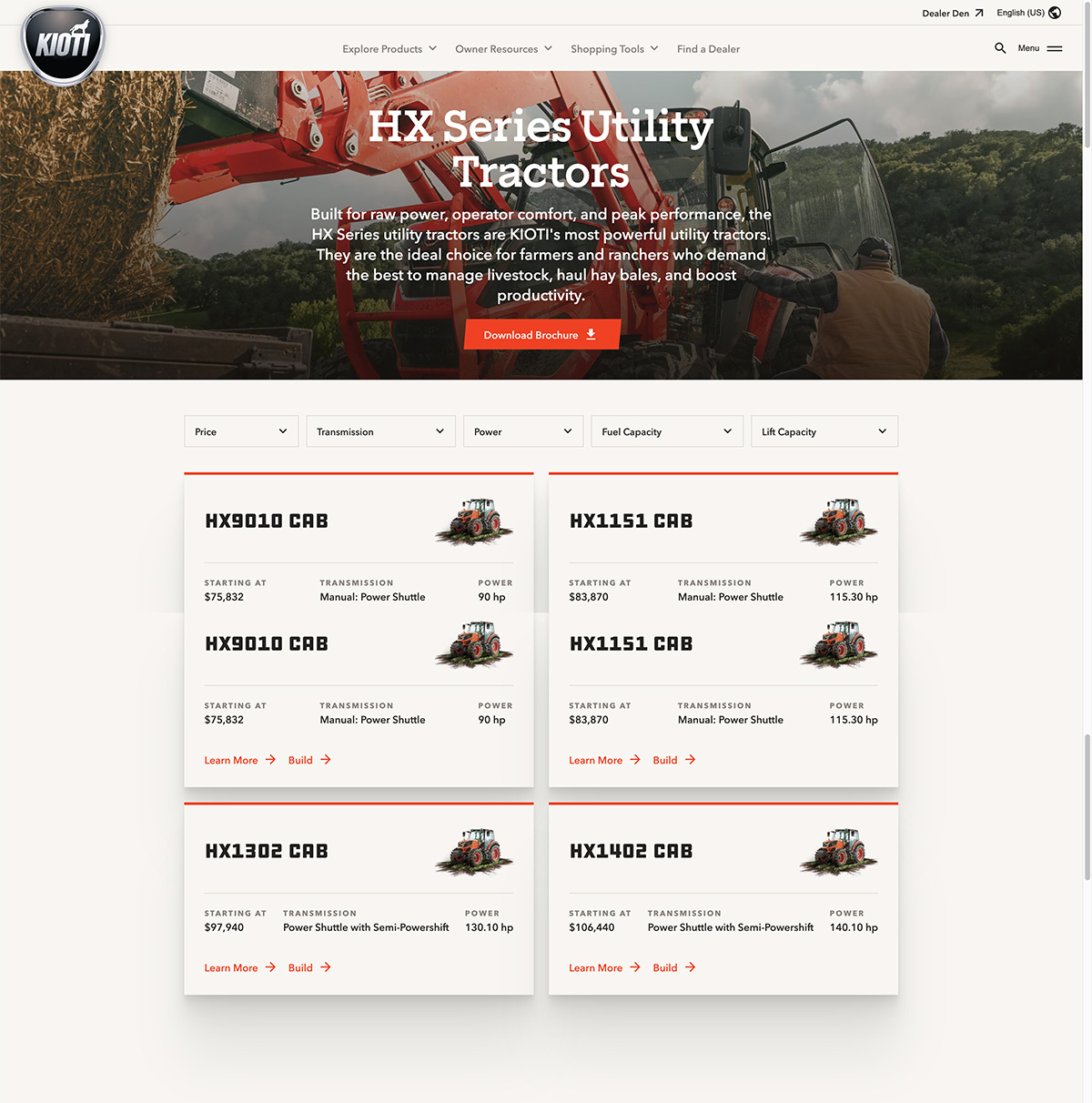 screenshot of the Kioti.com HX Series page