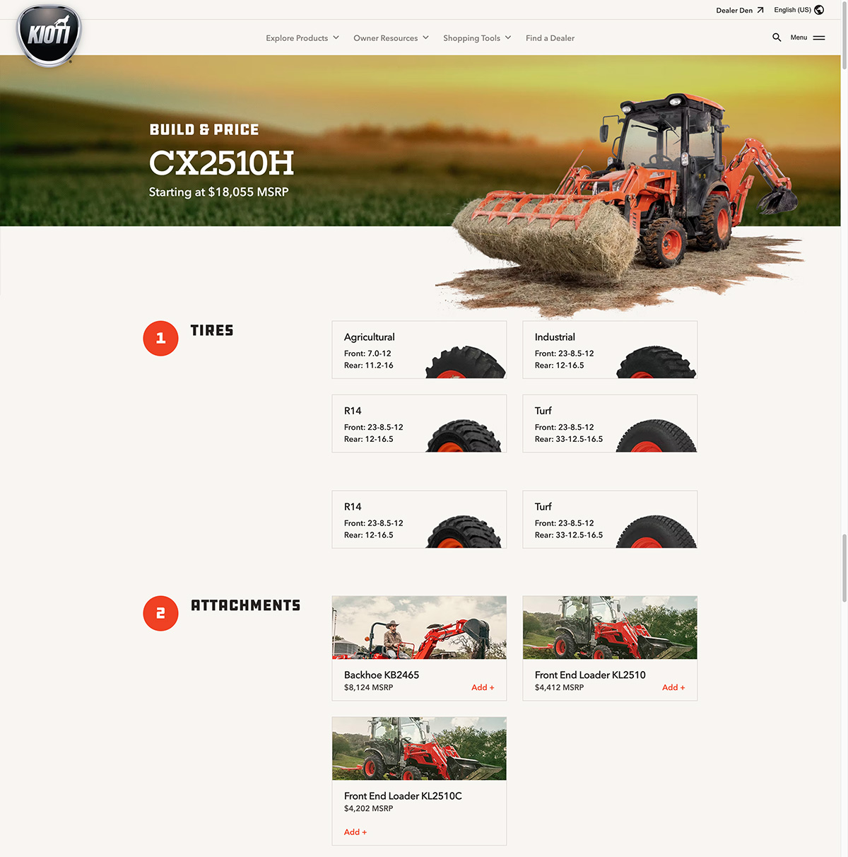 screenshot of the Kioti.com CX Build & Price page